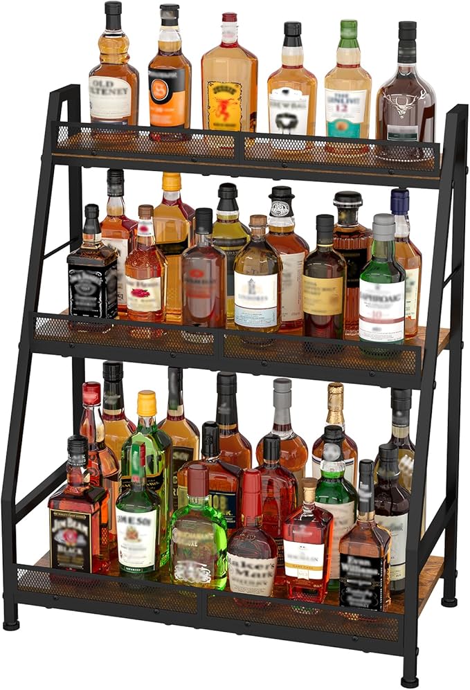3-Tier (Safe Height for Kids & Pets) Expanded Liquor Stand, Trapezoid Wine Rack Freestanding Floor, Large-Capacity Bar Stand for Liquor Whiskey Wine Storage, Vintage Liquor Cabinet Bar for Home