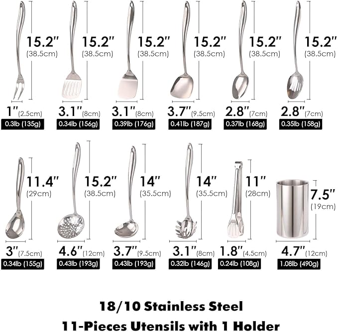 18/10 Stainless Steel Kitchen Utensils Set with Holder - 15??Spatula Spoon Set with Storage Organizer for Countertop, Fork, Tongs, Spatula, Ladle, Skimmer, Turner, Spaghetti, Large Spoon Set of 12