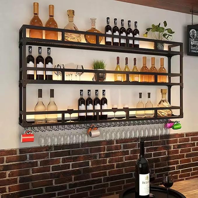 47 Inch Metal Wine Rack Wall Mounted, Bar Shelves Wall Mounted with LED Light, Large 3-Tier Liquor Bar Display Shelf with Wine Glasses for Home Bars, Dining Room & Kitchen, Black