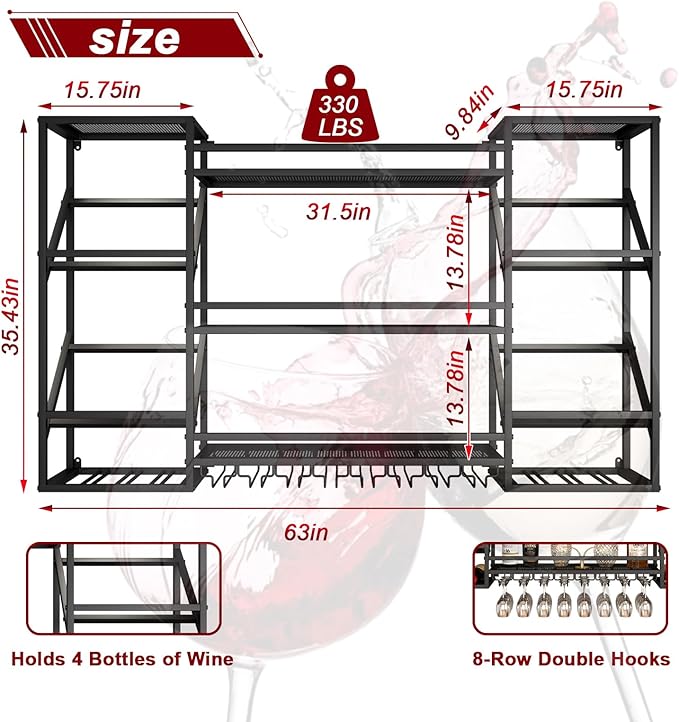 Wall-Mounted Wine Rack, 3-Tier Wine Bottle Display Shelf with Glass Holder, Metal Wine Rack Wall Mounted for Home Bar Kitchen Dining Room Coffee Shop (Black, 63in)