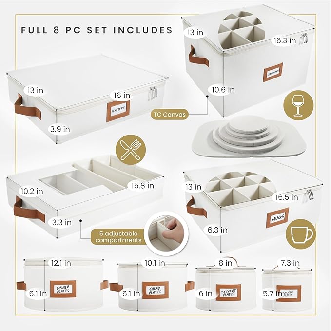 HOMELUX THEORY Hard Shell China Storage Containers, 5pc Ivory Mug & Plate Storage Box, Kitchen Storage Bins With Lids, Heavy Duty Moving Box with Handles for Dishes, Glassware, Stemware, Cup & Mug