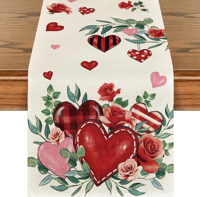 Artoid Mode Red Roses Flowers Eucalyptus Valentine's Table Runner, Wedding Kitchen Dining Table Decoration for Home Party Decor 13x36 Inch