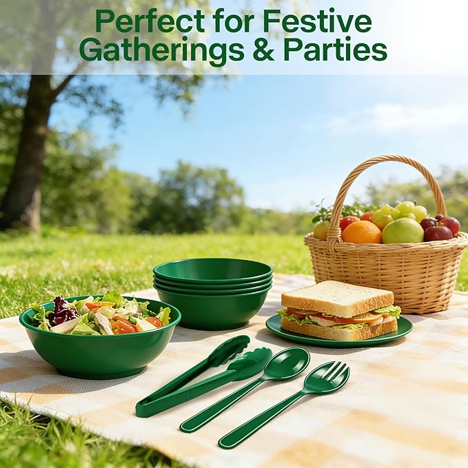 Reusable Serving Utensils Set 24 Pcs - 8 Heavy Duty Plastic Tongs, 8 Spoons & 8 Forks | Dishwasher Safe Buffet & Party Supplies for Wedding, Catering, Holidays