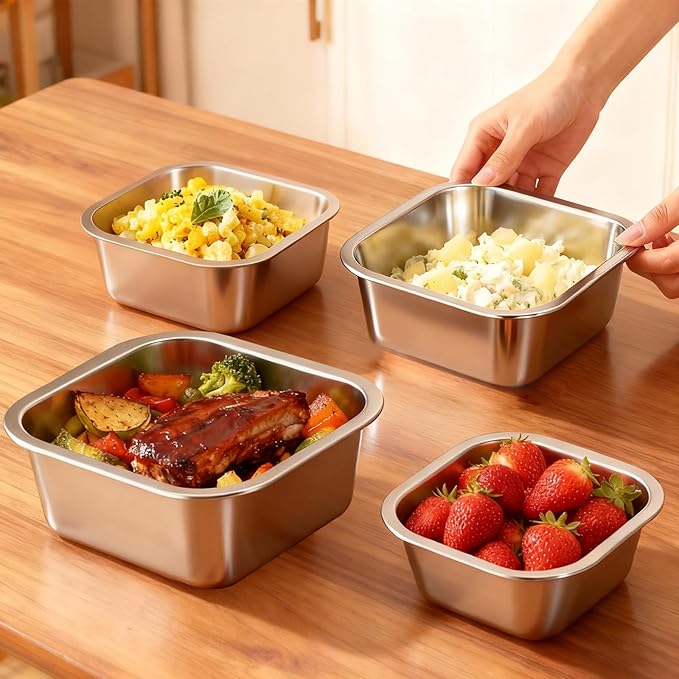 4-Piece Stainless Steel Snack & Lunch Box with Lids Set, Stackable Metal Food Storage Containers with Lids, Airtight Leakproof Lunch Containers , Dishwasher Safe Bento Box(Size 4.5", 5.5", 6.3", 7")