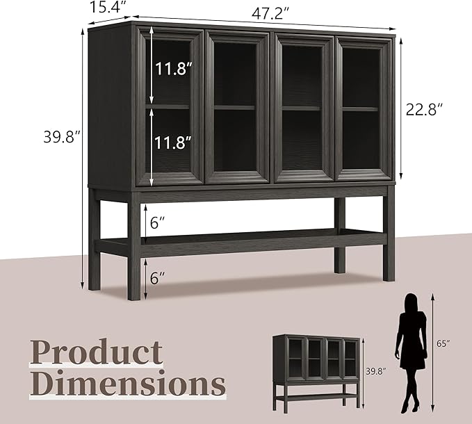 Sideboard Buffet Cabinet with Storage, Large Kitchen Coffee Wine Bar Cabinet with Glass Press-to-Open Doors, Wood Mid Century Modern Side Board Table for Dining Room, Living Room