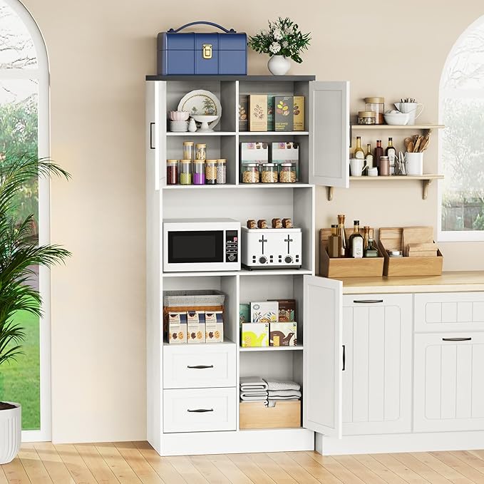 Bigbiglife Farmhouse Kitchen Pantry Cabinet with LED Lights and Power Strip, Tall Kitchen Storage Cabinet, Kitchen Hutch with Microwave Stand & Barn Doors and Drawers for Dining Room (White)