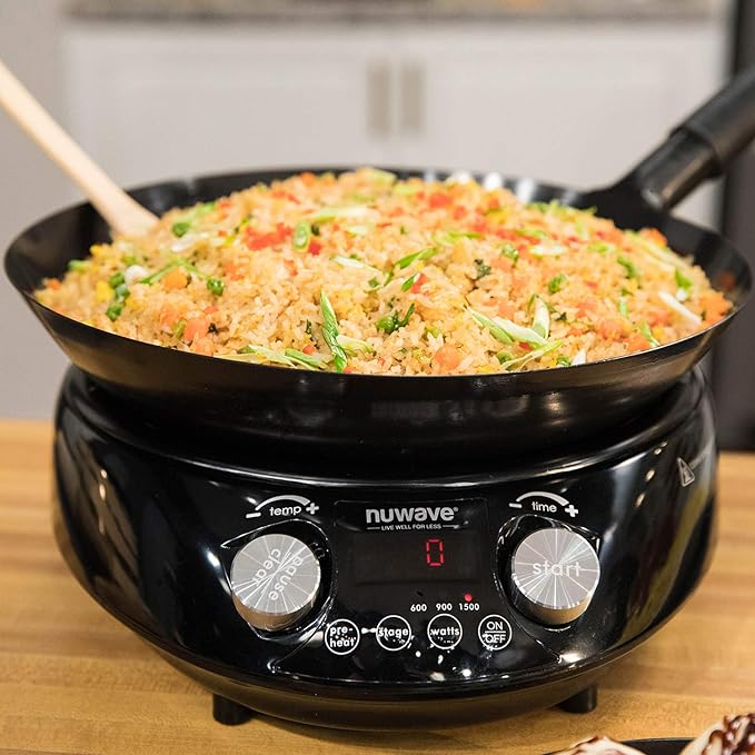 Nuwave Mosaic Induction Wok, Temp Control 100째F-575째F in 5째F, Wok Hei, Infuse Charred Aroma & Flavor, 14-inch Carbon Steel Wok, 8pc Bamboo Accessories