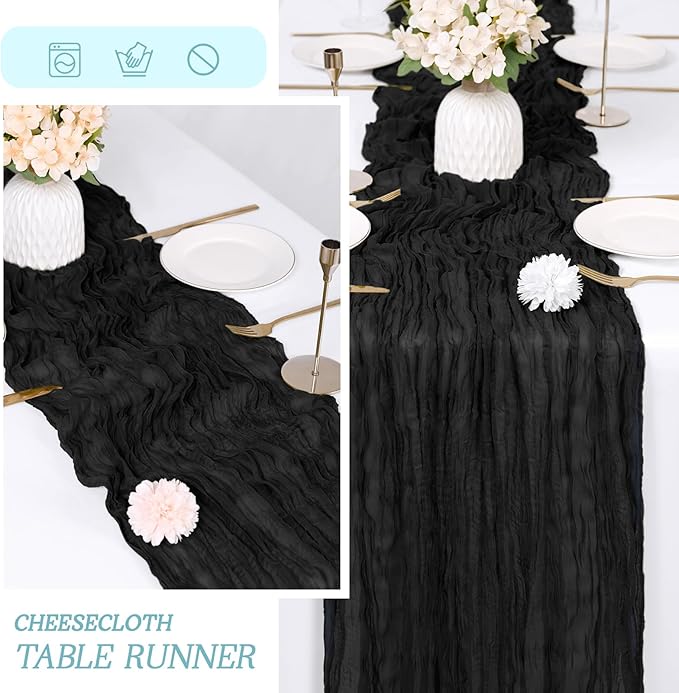 RealBox 6 Pack Black Cheesecloth Table Runner 17x108 Inch Semi Sheer Boho Gauze Cheese Cloth Fabric Table Runners Table Decor for Wedding Party Baby Shower Birthday Home Decor Garden Farmhouse