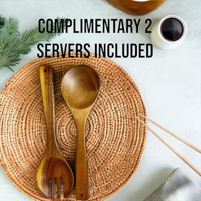 Extra Large Wooden Salad Bowl - 12??x 5??Acacia Wood Serving bowl with 2 servers, Large Fruit bowl for food with serving utensils, Housewarming Wedding Christmas Gift