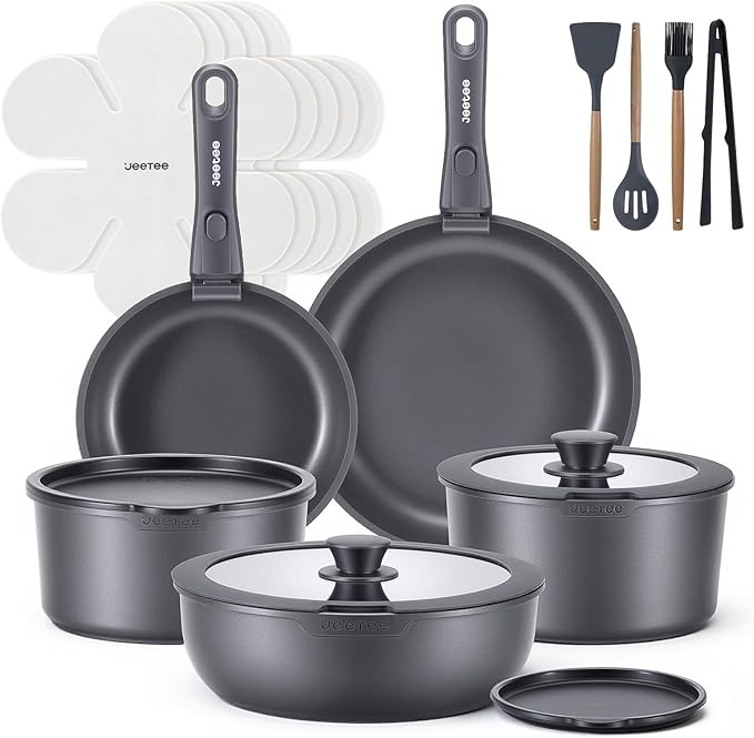 JEETEE 20pcs Titanium Reinforced Pots and Pans Set Non Stick, Nonstick Cookware Set with Detachable Handle, Induction Kitchen Cookware Sets Removable Handles, RV Cooking Set, Oven/Dishwasher Safe