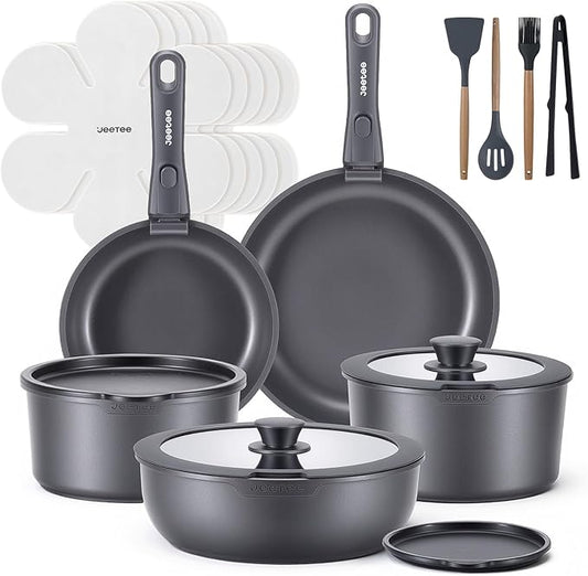 JEETEE 20pcs Titanium Reinforced Pots and Pans Set Non Stick, Nonstick Cookware Set with Detachable Handle, Induction Kitchen Cookware Sets Removable Handles, RV Cooking Set, Oven/Dishwasher Safe