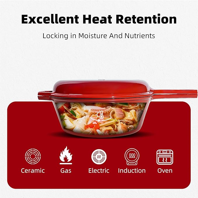 Enameled Cast Iron Braiser Pan - 2-in-1 Cast Iron Dutch Oven - 6.5QT Deep Pot with Frying Pan - Cookware Multi Cooker Skillet - for Grill Induction Stovetop Camping -Red