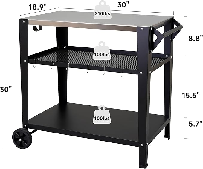 LEETOLLA Stainless Steel Outdoor Grill Cart with Wheels, Heavy-Duty 3-Tier BBQ Prep Table for Pizza Oven, Griddle, Patio ??Rustproof Commercial Kitchen Cart with Tool Hooks