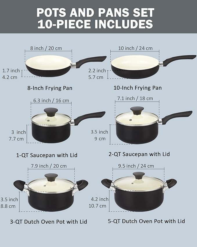 Cook N Home Pots And Pans Set Nonstick, 10 Piece Ceramic Cookware Sets, Kitchen Non Stick Cooking Set With Saucepans, Frying Pans, Dutch Oven Pot With Lids, Black