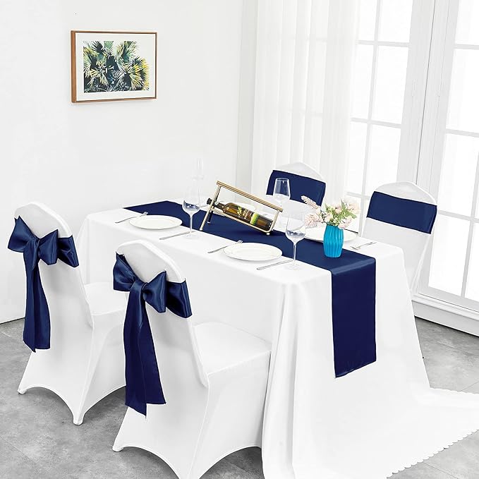 10-Pack Navy Blue Satin Table Runner 12 x 108 Inch Long Bright and Smooth Silk Fabric Table Runner for Wedding Banquet Birthday Party Decoration
