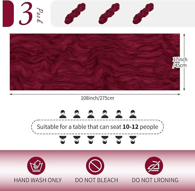 RealBox 3 Pack Burgundy Cheesecloth Table Runner 17x108 Inch Semi Sheer Boho Gauze Cheese Cloth Fabric Table Runners Table Decor for Wedding Party Baby Shower Birthday Home Decor Garden Farmhouse