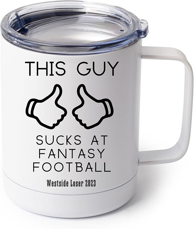 This Guy Sucks at Fantasy Football Mug | Insulated Cup with Lid | Funny Personalized Fantasy Loser Coffee Mug | Last Place Trophy Gif