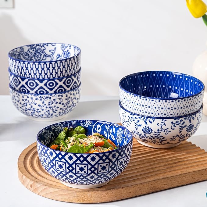 Cerkik Ceramic Soup Bowls Set - 23 Oz Deep Cereal Bowl for kitchen - 6 Inch Porcelain Salad Bowl for Pasta, Dessert, Ramen - Microwave Dishwasher Safe - Set of 6 - Vintage Blue
