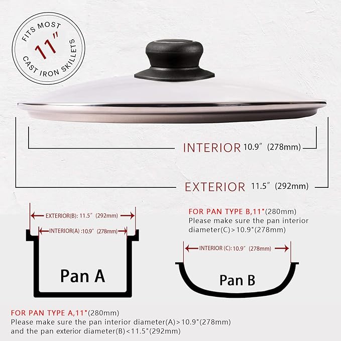 11 Inch Pan Lid for Frying Pan, Fry Pan, Skillet Lid, Pan Lids with Handle, Tempered Glass Replacement Cover, 11"/28cm