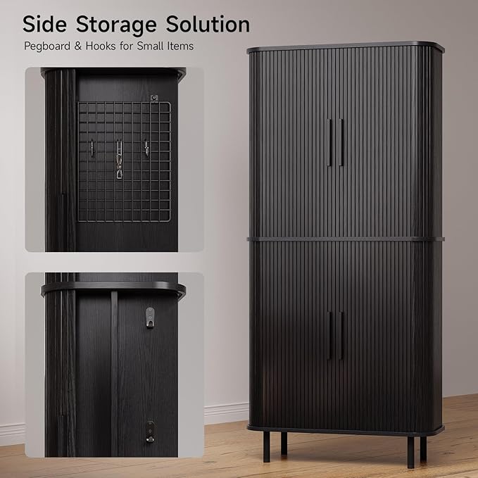 ONBRILL 71" Fluted Pantry Cabinet, Tall Kitchen Pantry Storage Cabinet with 2 Pegboards, 4 Hooks & Adjustable Shelves, Wood Cupboard for Kitchen, Dining Room, Living Room and Hallway, Black