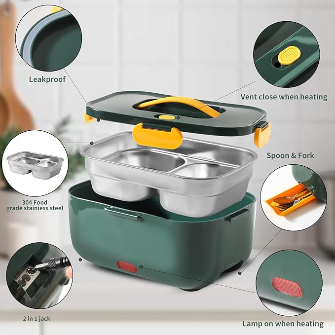 Meng Ke'en Electric Lunch Box 80W/2L Detachable Stainless Steel Container 12V/24V/110V Electric Lunch Box Portable Food Warmer (Green Double Compartments)