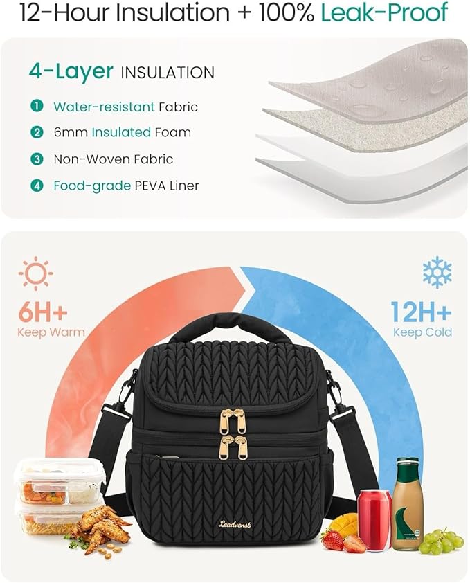 LEADVENST Lunch Bag Women, Double Deck Insulated Lunch Box - Large Capacity 12L with Detachable Divider for Tall Items, Leakproof, Durable & Reusable Cooler Bag For Work Picnic Travel, Quilted Black