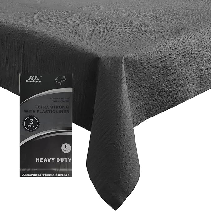 [6 Pack] Black Square Tablecloths 54x54 Inch, Disposable Paper Table Cloth for Square and Round Tables, Waterproof 3-Ply Paper & Platic Table Cover for Parties Halloween Banquet Dinner