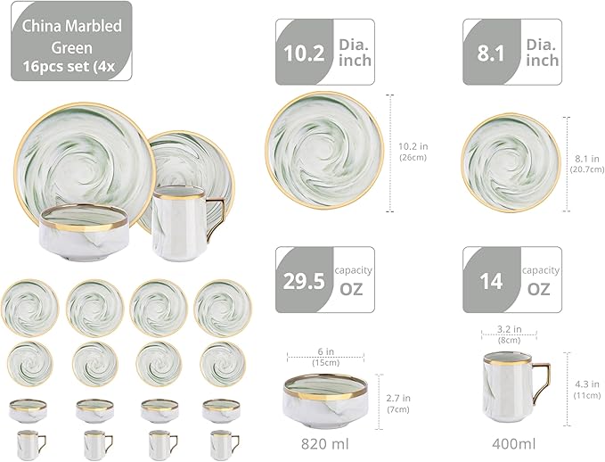 16 Piece Plates and Bowls Sets, Fine China Artisan Marbled Dinner Set for 4, Dishwahser Safe, Scratch Resistant, Green with Gold Line
