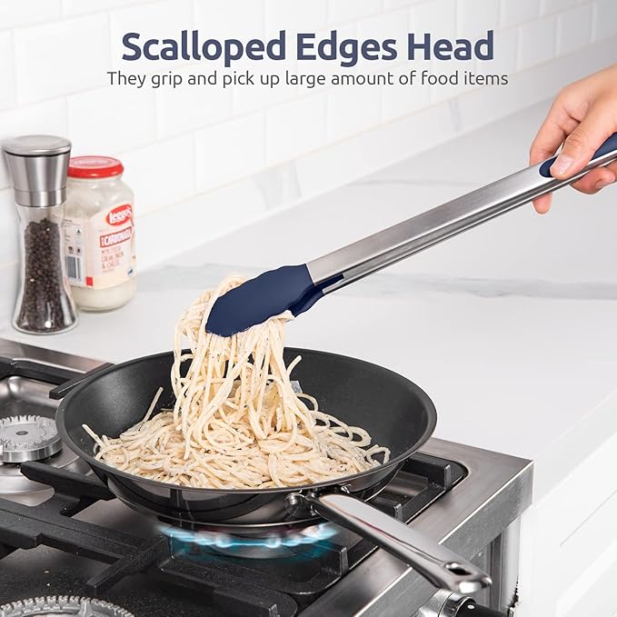 600쨘F Heat Resistant Kitchen Tongs: U-Taste 16 in Extra Long Large Silicone Cooking Tong with Non Stick Rubber Tips & Non Slip Silicon Coated 18/8 Stainless Steel Handle for Grill BBQ (Midnight Blue)