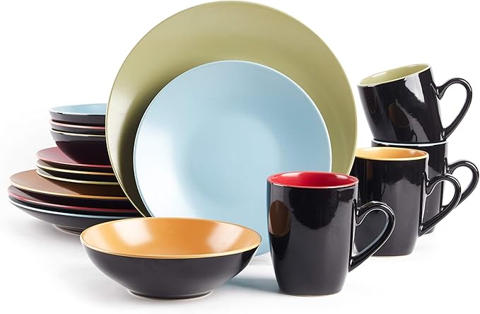 Stoneware Two-Tone Colors Life 16pc Dinnerware Set竊똎utside Shinny Black + Inside Matte Finished Very Funny - 4 Assorted Colors Turquoise, Olive, Curry and Red