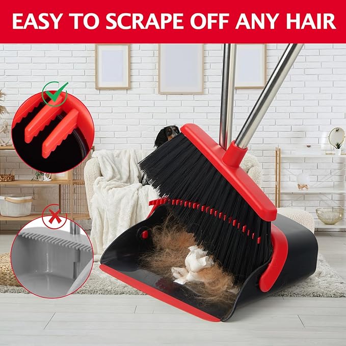 Broom and Dustpan Set with Long Handle, Heavy Dust Broom and Dustpan Combo for Home，Kitchen, Office, Pet Hair 2PCS (Black Red)