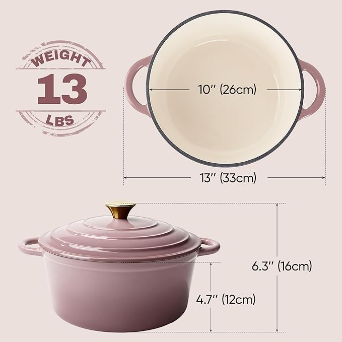 Vintage Style 6 Quart Dutch Oven Pot with Lid, Non Stick Enameled Cast Iron Dutch Oven for Bread Baking, Heavy-Duty, Oven Safe Ceramic Cookware Up to 500째F for Baking, Braising, Stews, Roasting, Pink