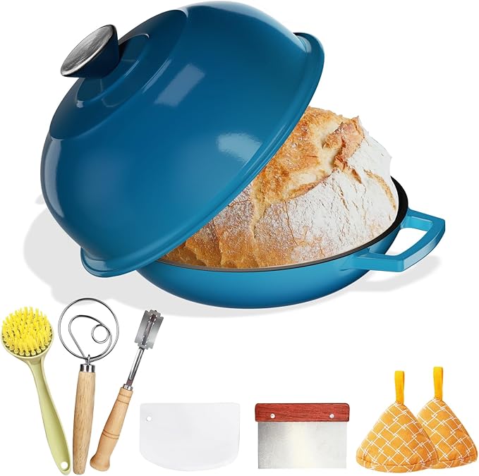 YUTANN Cast Iron Bread Baking Pot - 5QT Enameled Dutch Oven with Cloche Lid,for Sourdough & Artisan Bread,Jewel Blue