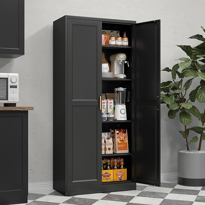 71" Tall Kitchen Storage Cabinet with Gold Handles, Metal Pantry Cabinets with 2 Doors, Food Pantry, Adjustable Shelves, Black Freestanding Pantry Cupboard for Dining, Kitchen, Living Room