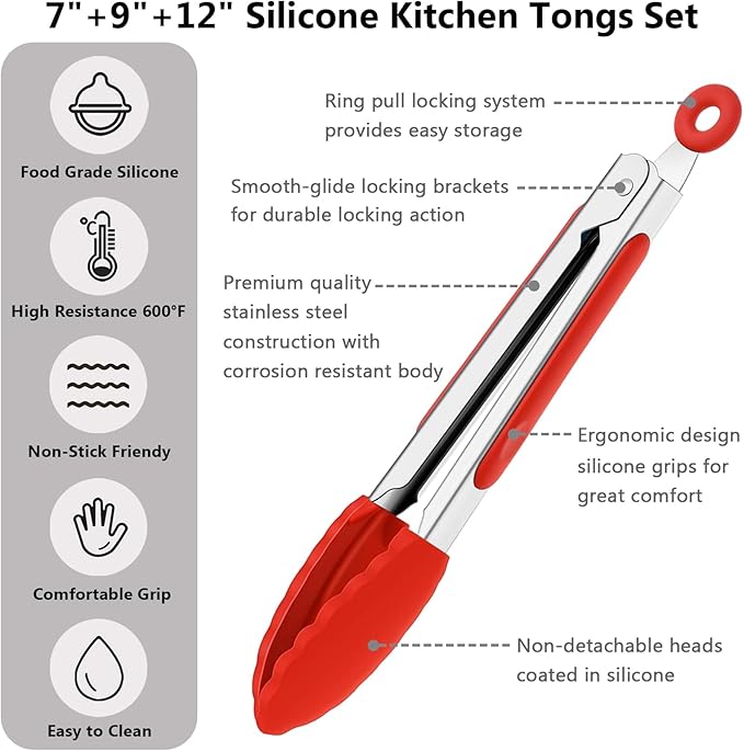 Kitchen Tongs for Cooking w Non-Stick Silicone Tips, 600째F Heat Resistant Silicone Cooking Food Tong Set Heavy Duty Stainless Steel Handle for Baking Grilling BBQ Salad Serving, 7" 9" and 12"