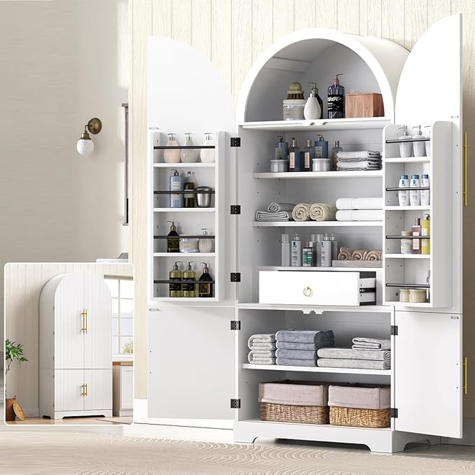 72" Tall Arched Kitchen Pantry Cabinet with 8 Door Shelves and Hidden Drawer, Fluted Storage Cabinets with 3 Adjustable Shelves, Versatile Cupboard for Kitchen (White)