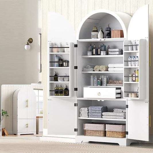 72" Tall Arched Kitchen Pantry Cabinet with 8 Door Shelves and Hidden Drawer, Fluted Storage Cabinets with 3 Adjustable Shelves, Versatile Cupboard for Kitchen (White)