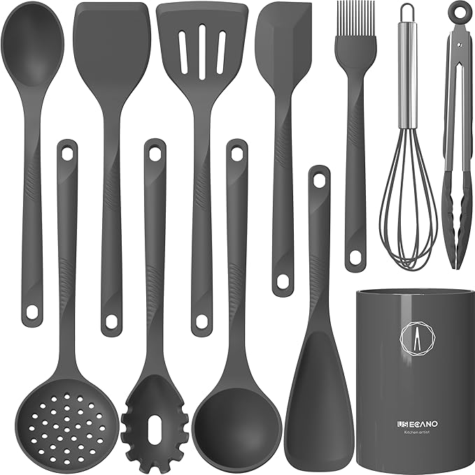 Silicone Cooking Utensils Set - 600째F Heat Resistant, Nonstick Kitchen Utensil Set with Spatulas, Spoons, Whisk, Tongs, BPA Free, Dishwasher Safe (Gray)