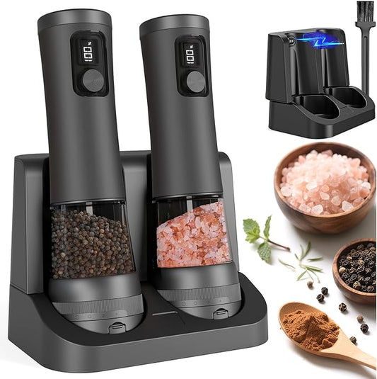Electric Salt and Pepper Grinder Set With Battery Display Rechargeable Base, External Adjustable Coarseness, Automatic Ceramic Salt & Pepper Shakers Mills(Black Pro)