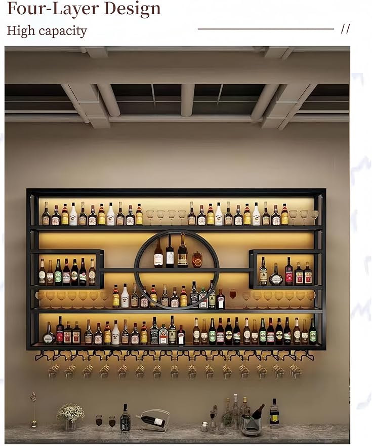 59" Metal Wine Rack Wall Mounted, Multi Functional Bar Shelves for Liquor Bottles with Glass Holder, Modern Wood Bar Shelves Wall Mounted for Home Bar & Dining Room, Black(57" Height)