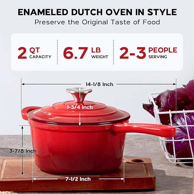 Onader 2QT Saucepan with Lid, Enameled Cast Iron Sauce Pan Pot, Small Dutch Oven Cooking Kitchen Pot, Nonstick & Heavy Duty ??Red