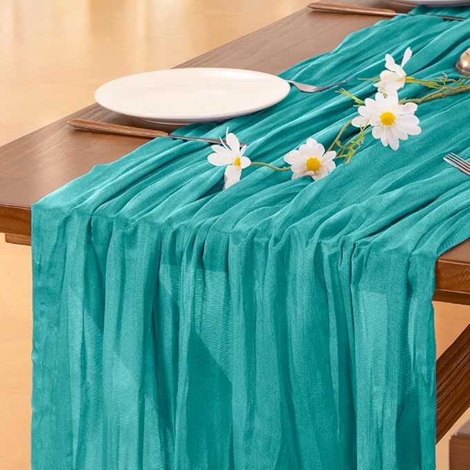 Socomi Teal Blue Spring Cheesecloth Table Runner Boho Rustic Gauze 120 inch 10FT Cheese Cloth Runner for Wedding Party Baby Shower Birthday Home Decor