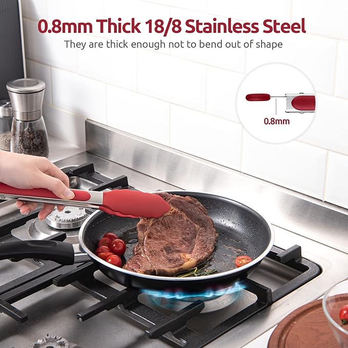 600쨘F Heat Resistant Kitchen Tongs: U-Taste 9 inch Silicone Cooking Tong with Firm Sealed Non Stick Rubber Tips & Silicon Coated 18/8 Stainless Steel Handle & Smooth Locking for Serving Salad (Red)