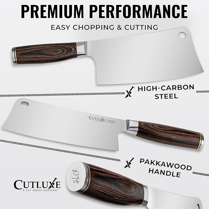 Cutluxe Meat Cleaver Knife ??Ultra Sharp 7" Meat Cleaver, Butcher Knife, High Carbon Stainless Steel Blade, Full Tang Pakkawood Handle ??Shinobi Series