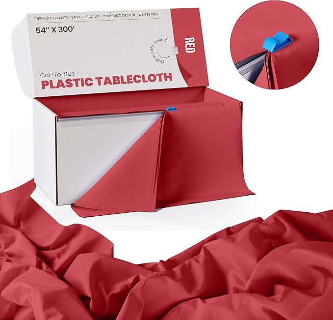 Exquisite Red 54x300in Plastic Disposable Tablecloth Roll with Built-in Cutter - 36 Rectangle Table Covers in a Box