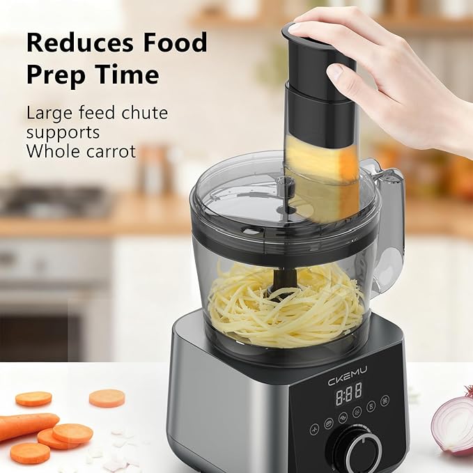 CKemu Smart Food Processor and Vegetable Chopper, 12 Cup Bowl, 6 Functions for Chopping, Slicing, French Fries, Purees & Dough, Food Chute & Pusher, Silver