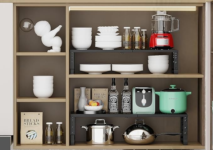 Expandable Cabinet Shelf Organizer, Storage Spice Rack, Stackable Adjustable Shelves for Kitchen, Pantry, Cupboard, Bathroom, Countertop, Desktop - 1 Pack, Black, Medium with Hole