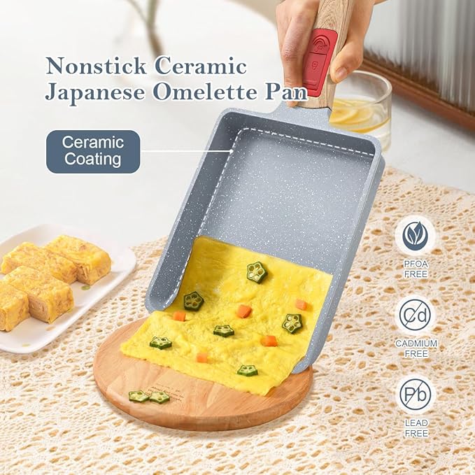Ceramic Nonstick Tamagoyaki Pan, Japanese Omelette Pan omelette egg pan with Detachable Handle, Oven Safe, 7.48??x 6.8??(Blue)