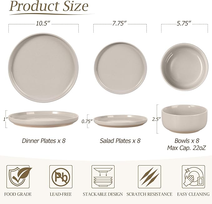 LIANYU Dinnerware Dishes Sets for 8, 24-Piece Stoneware Dinner Set, Ceramic Dining Bowls and Plates Crafted at 2400?? Scratch Resistant, Microwave & Dishwasher Safe, Milky Brown