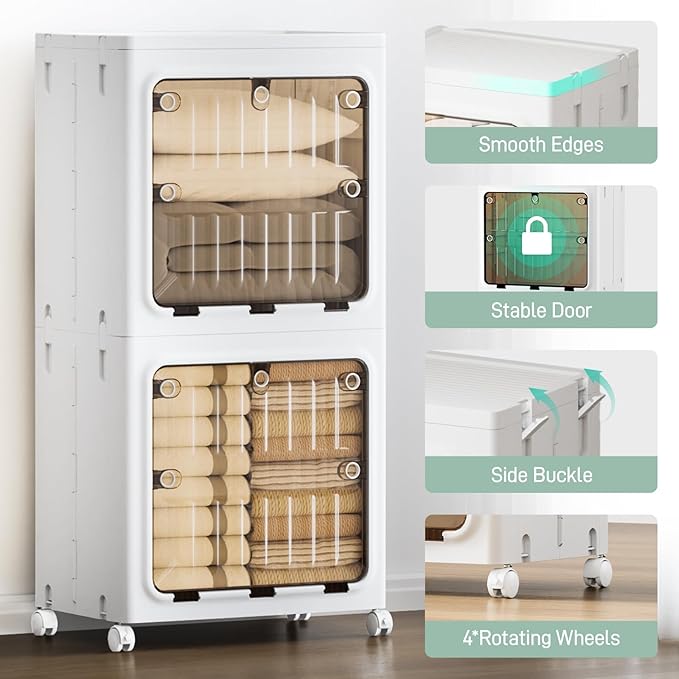JEKO&JEKO Expanded Narrow Bathroom Storage Cabinet, 2-Tier Tall Cabinet Organizer with Wheels, Foldable Plastic Storage for Kitchen, Laundry Room or Home, White